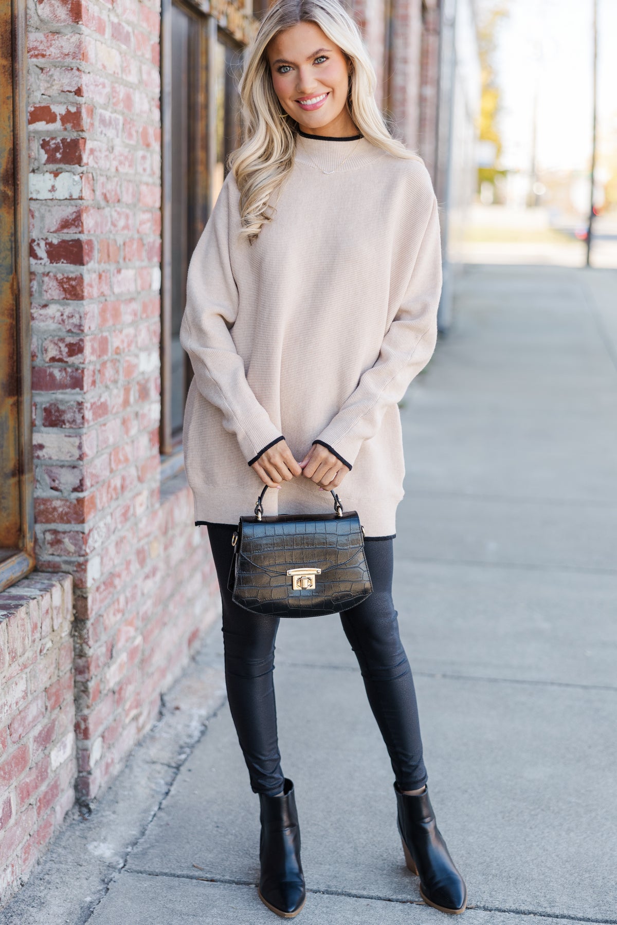 On The Line Oatmeal Brown Mock Neck Sweater – Shop the Mint
