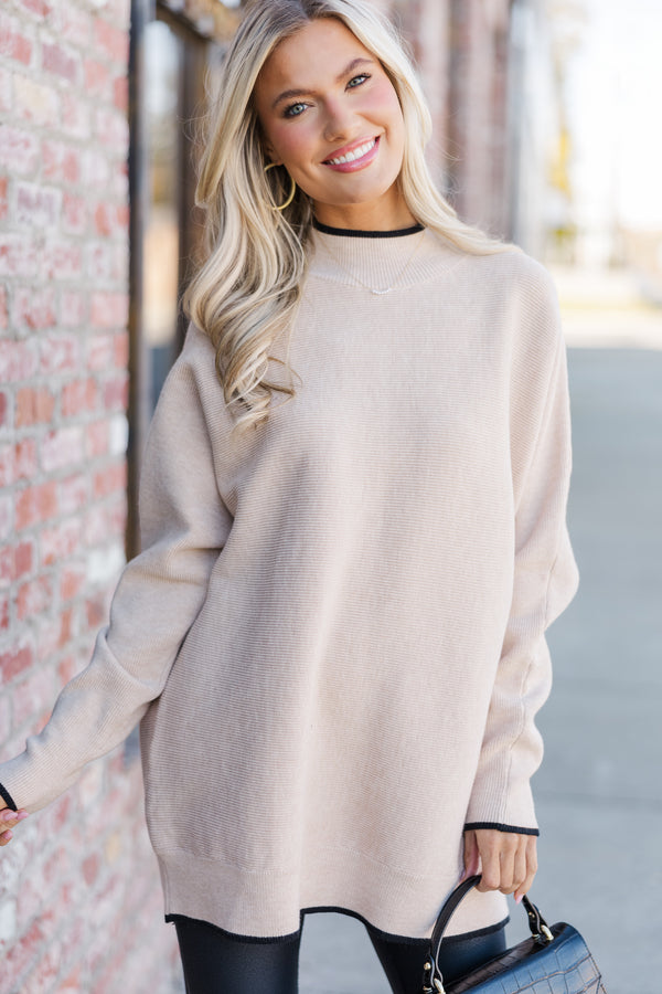 On The Line Oatmeal Brown Mock Neck Sweater