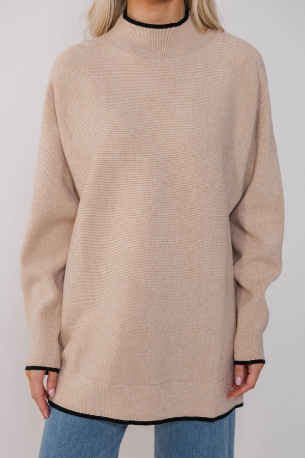 On The Line Oatmeal Brown Mock Neck Sweater
