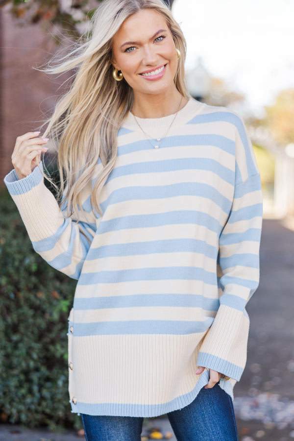 On The Way Up Light Blue Striped Sweater