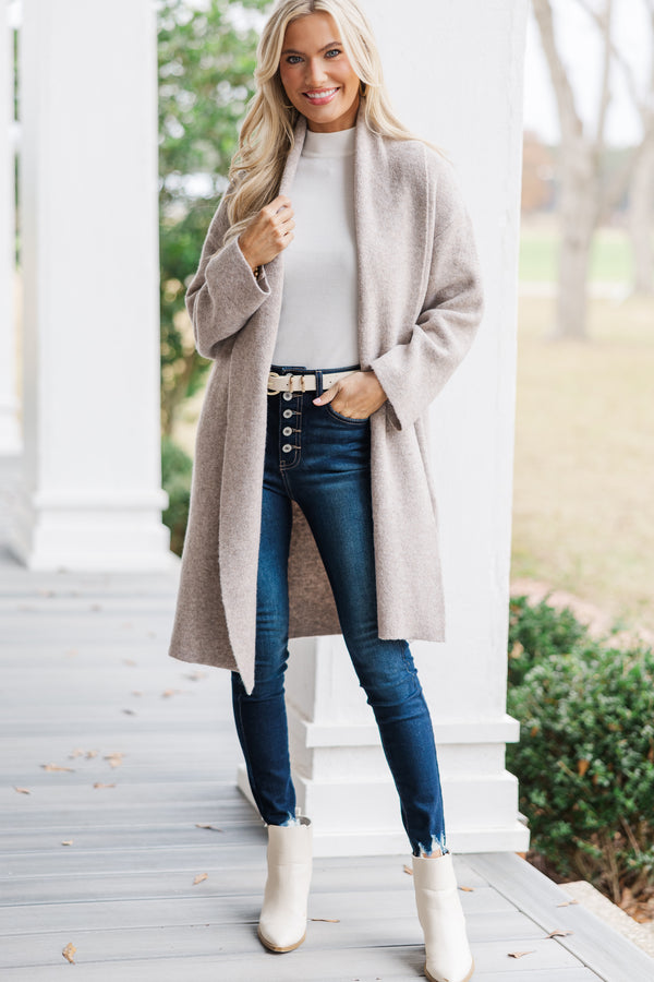 On Your Way Taupe Long Cardigan