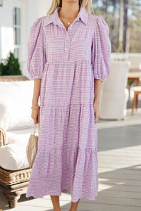 Love Found Purple Gingham Tiered Midi Dress