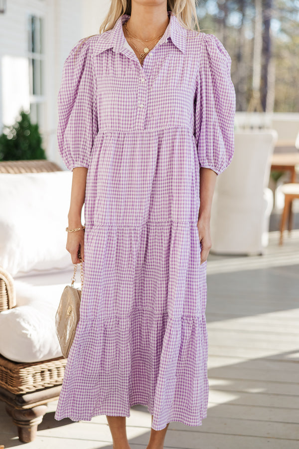 Love Found Purple Gingham Tiered Midi Dress
