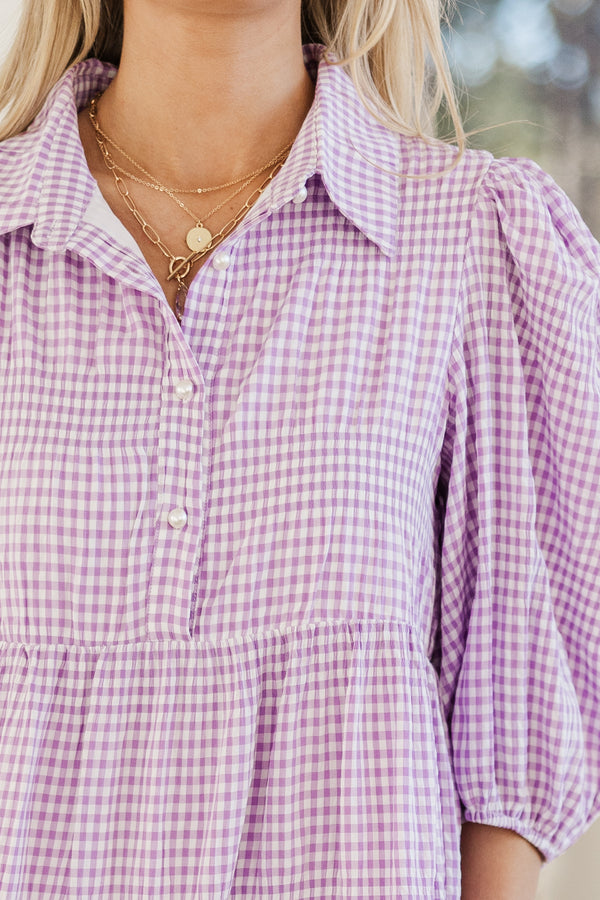 Love Found Purple Gingham Tiered Midi Dress