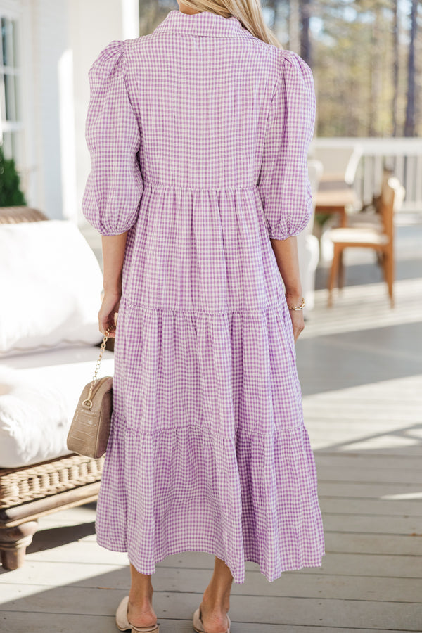 Love Found Purple Gingham Tiered Midi Dress Shop the Mint Love Found Purple Gingham Tiered Midi Dress Shop the Mint