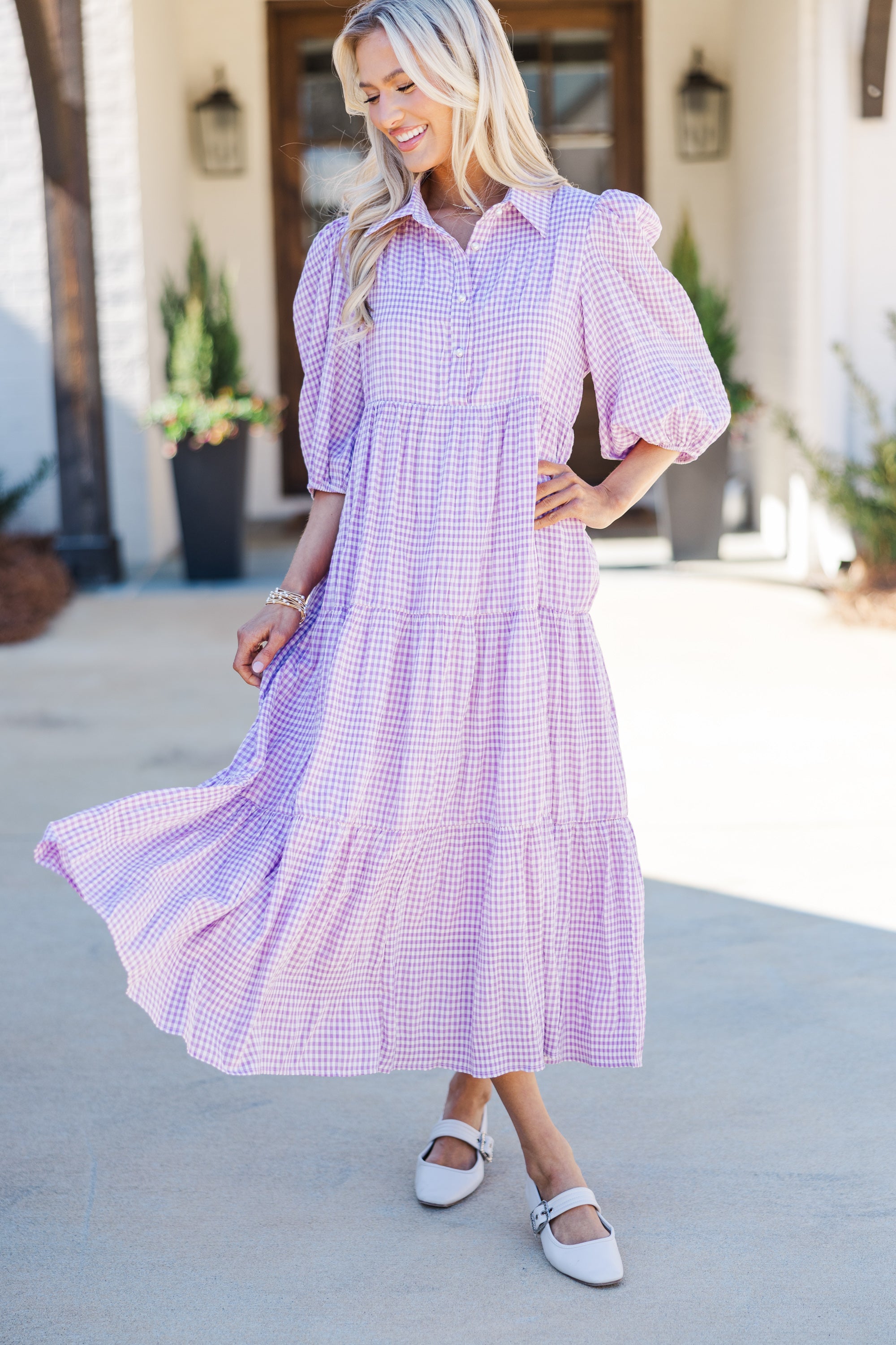 Love Found Purple Gingham Tiered Midi Dress – Shop the Mint
