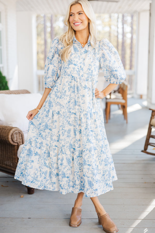 toile midi dress Lulus | White and Blue Toile Tie-Strap Tiered Midi Dress | Womens | XX-Small (Available in XS, S, M, L, XL)