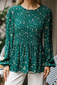 Getting Close Hunter Green Ditsy Floral Blouse