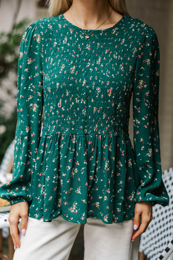 Getting Close Hunter Green Ditsy Floral Blouse