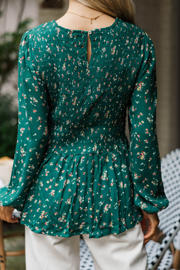 Getting Close Hunter Green Ditsy Floral Blouse