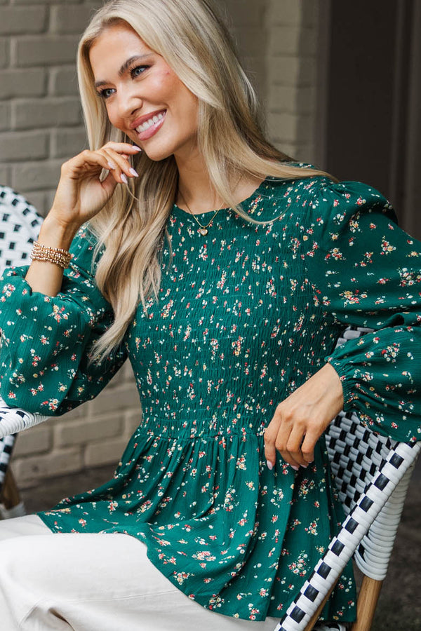 Getting Close Hunter Green Ditsy Floral Blouse