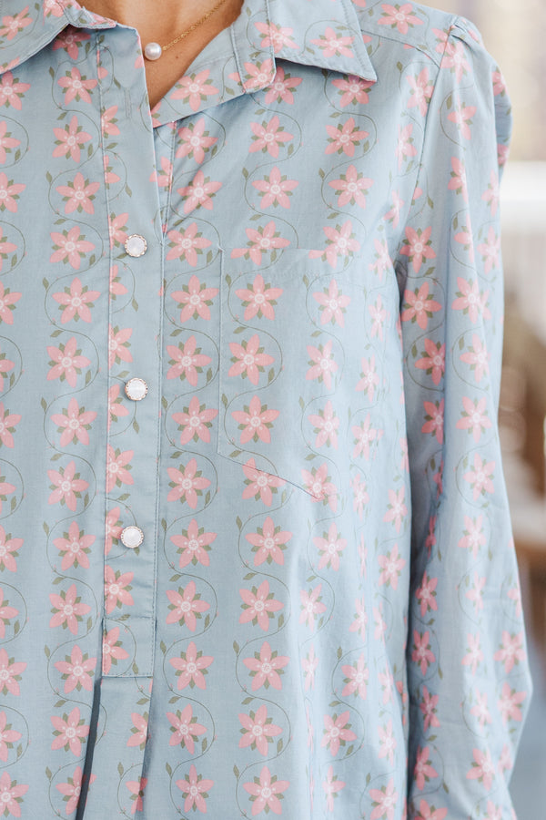 Share Your Story Light Blue Floral Shirt Dress