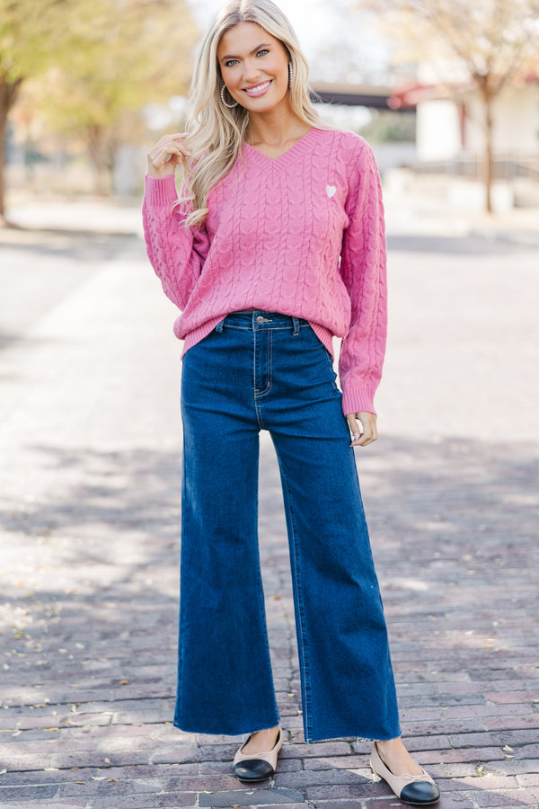 Can't Forget Pink Heart Cable Knit Sweater