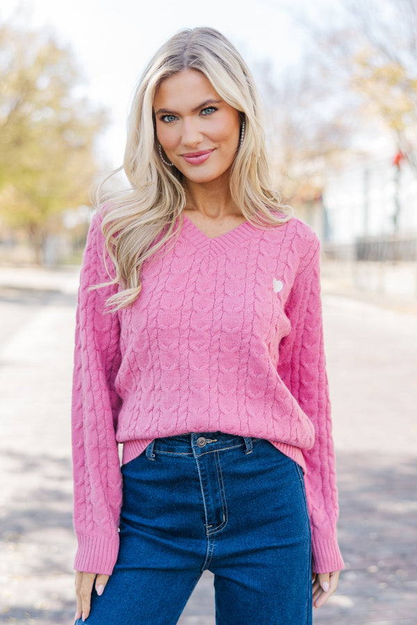 Can't Forget Pink Heart Cable Knit Sweater