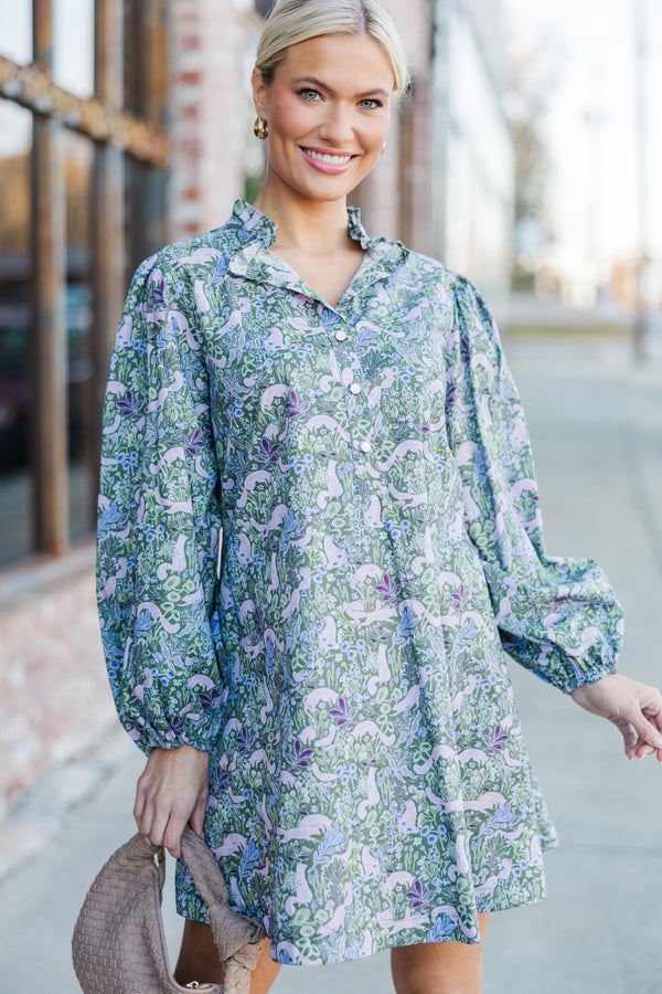 Under The Stars Green Floral Balloon Sleeve Dress