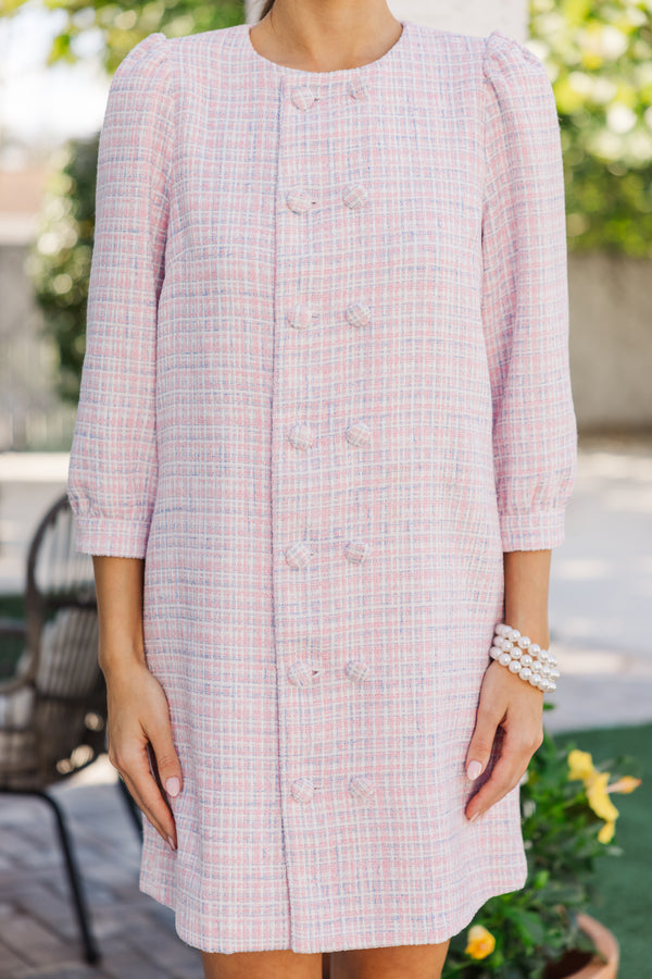 pink tweed long sleeve dress Going Upstate Pink Tweed Shift Dress, Large - The Mint Julep Boutique