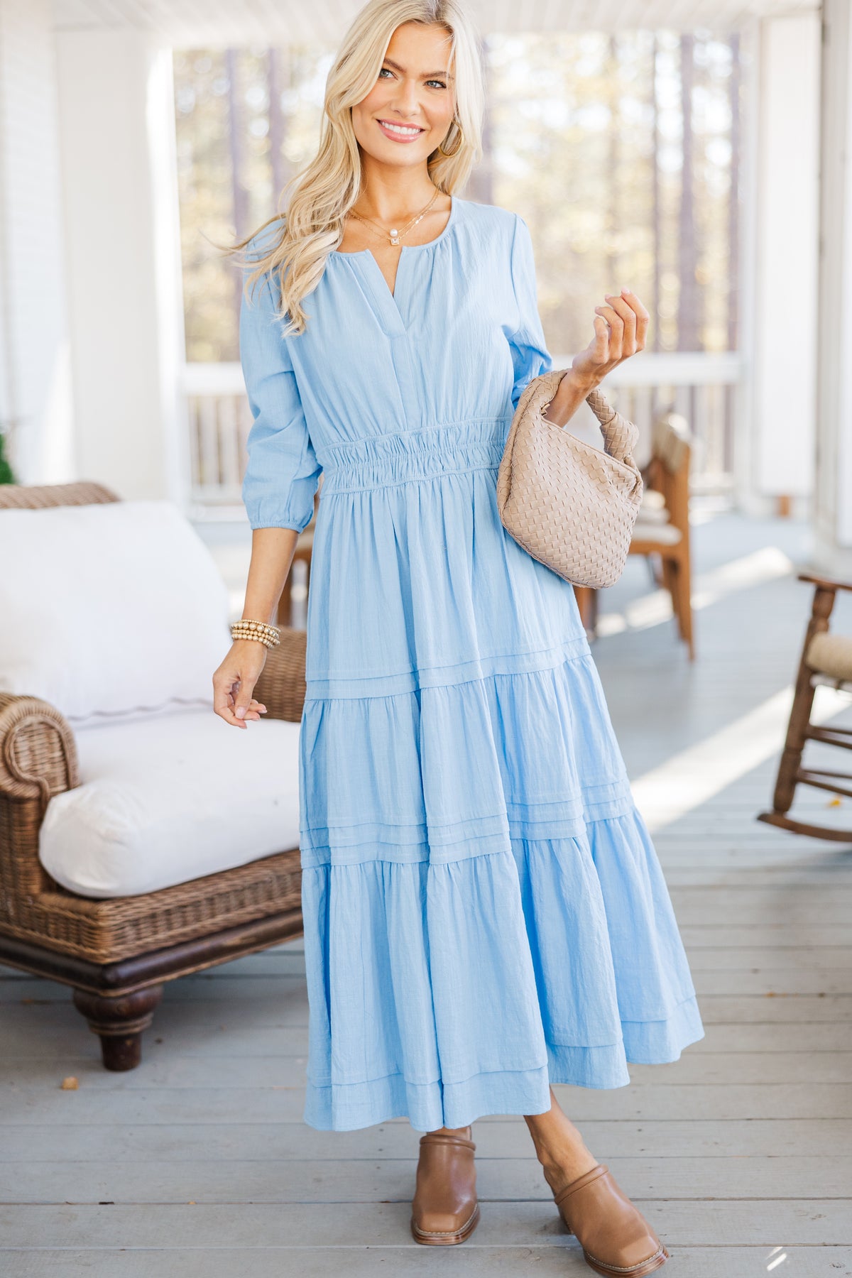 It's In The Air Light Blue 3/4 Sleeve Midi Dress – Shop the Mint