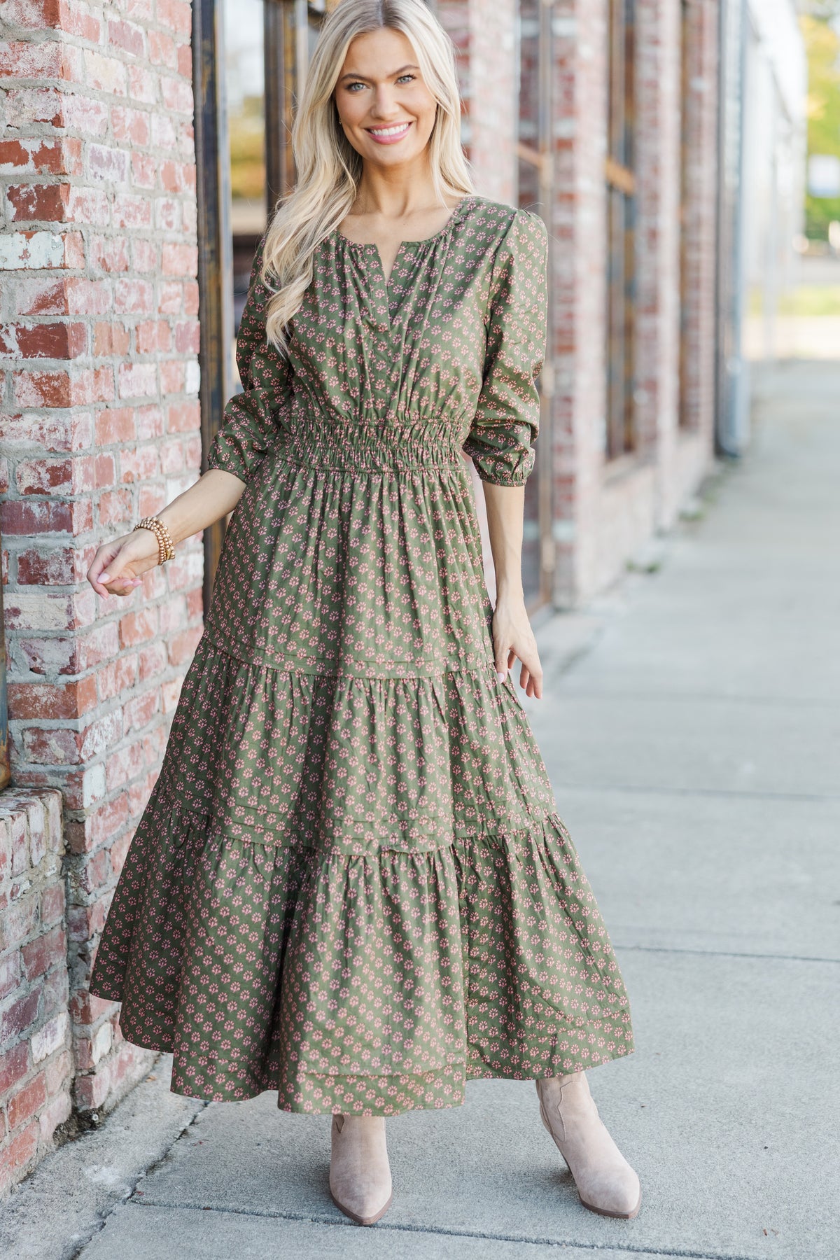It's In The Air Olive Green Floral 3/4 Sleeve Midi Dress Shop the Mint It's In The Air Olive Green Floral 3/4 Sleeve Midi Dress Shop the Mint