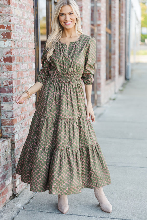 3 4 sleeve midi dress It's In The Air Olive Green Floral 3/4 Sleeve Midi Dress – Shop the Mint