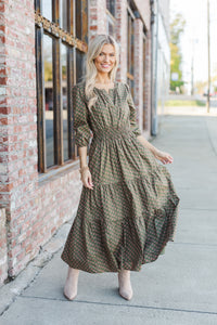 It's In The Air Olive Green Floral 3/4 Sleeve Midi Dress