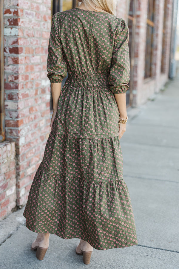 It's In The Air Olive Green Floral 3/4 Sleeve Midi Dress