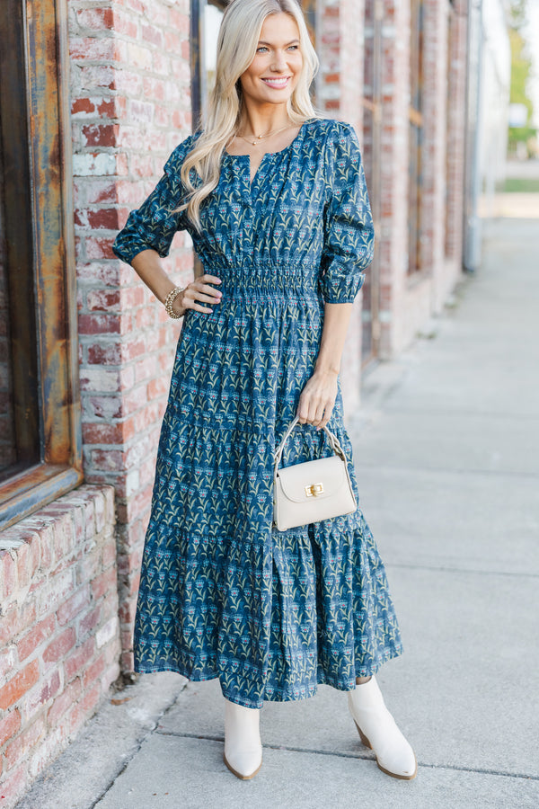 It's In The Air Navy Medallion 3/4 Sleeve Midi Dress Shop the Mint It's In The Air Navy Medallion 3/4 Sleeve Midi Dress Shop the Mint