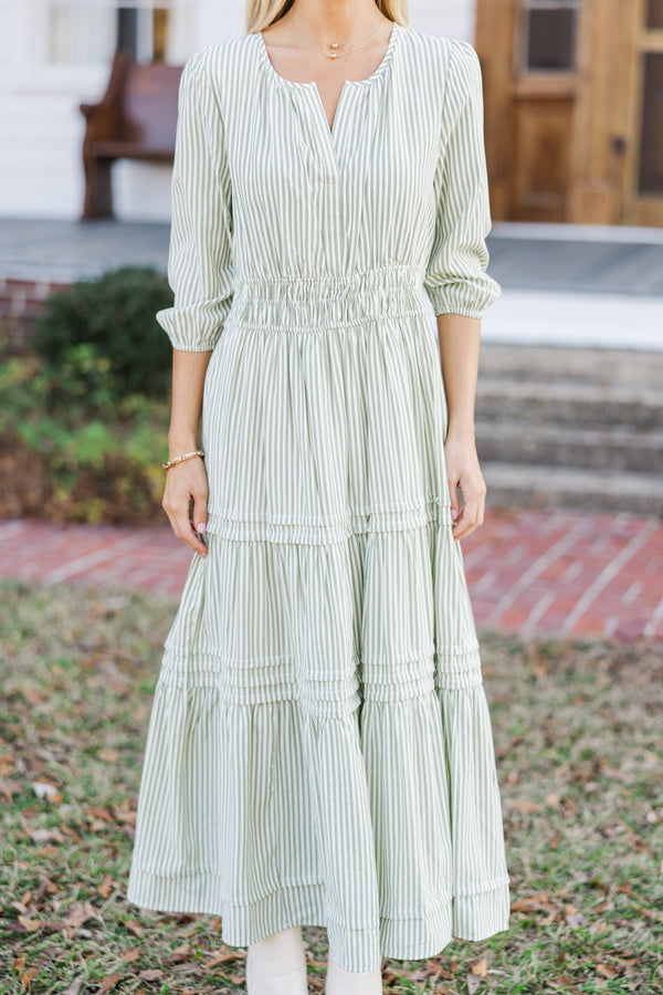 It's In The Air Olive Green Striped 3/4 Sleeve Midi Dress