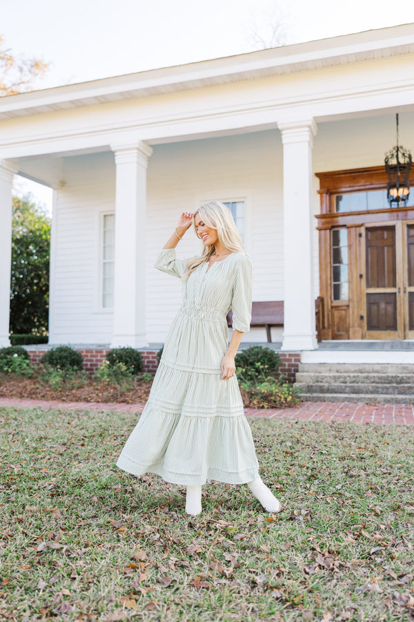 It's In The Air Olive Green Striped 3/4 Sleeve Midi Dress