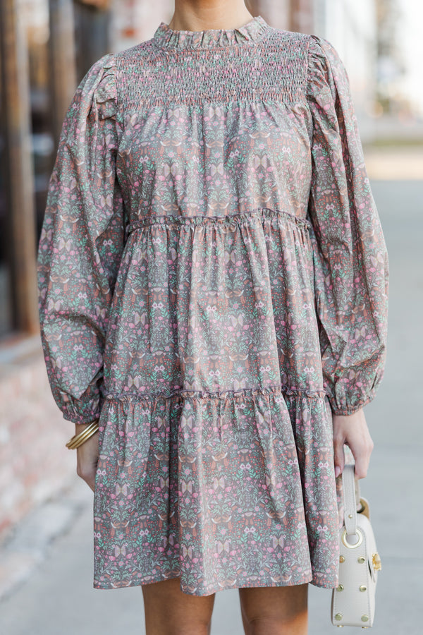 Be Your Best Muted Brown Floral Babydoll Dress