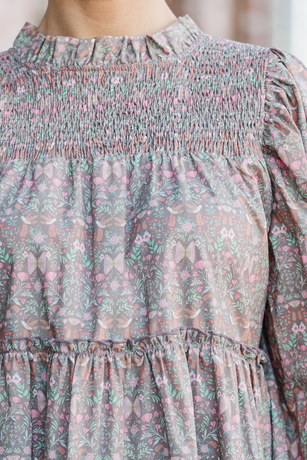 Be Your Best Muted Brown Floral Babydoll Dress