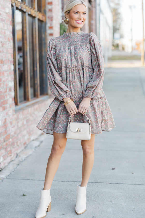 Be Your Best Muted Brown Floral Babydoll Dress