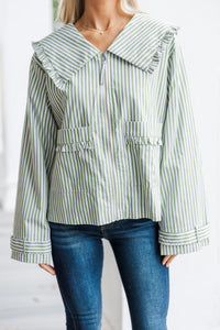 The Adoration Olive Green Striped Blouse