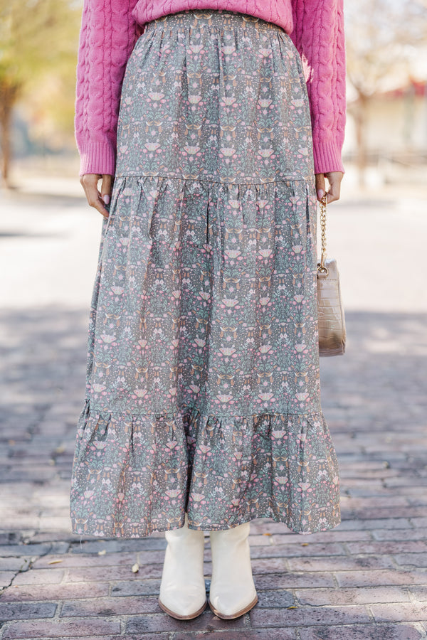 Getting Close Brown Floral Midi Skirt