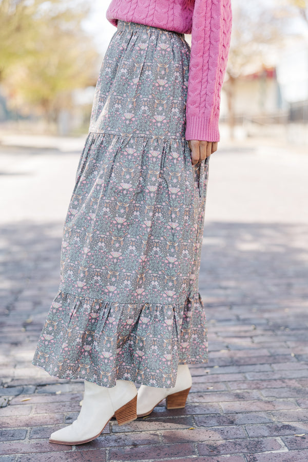 Getting Close Brown Floral Midi Skirt