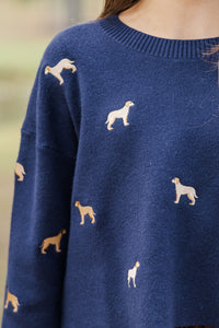 Girls: The Bella Navy Blue Golden Retriever Embroidered Sweater