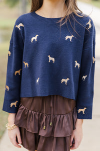 Girls: The Bella Navy Blue Golden Retriever Embroidered Sweater