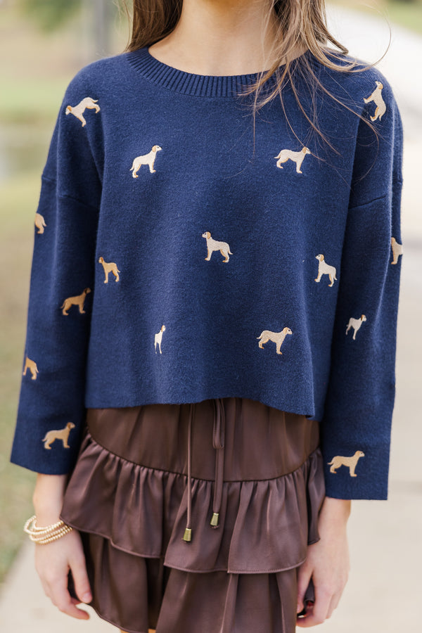 Girls: The Bella Navy Blue Golden Retriever Embroidered Sweater