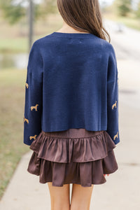 Girls: The Bella Navy Blue Golden Retriever Embroidered Sweater