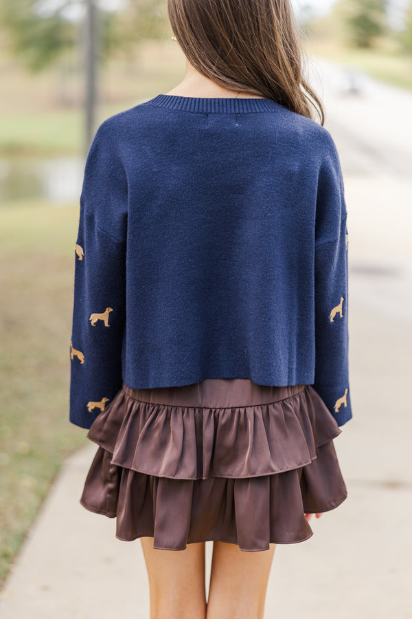 Girls: The Bella Navy Blue Golden Retriever Embroidered Sweater