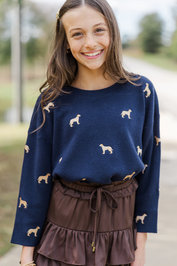 Girls: The Bella Navy Blue Golden Retriever Embroidered Sweater