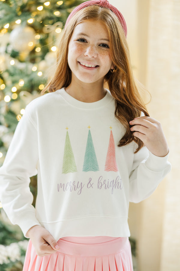 Girls: Merry + Bright White Graphic Sweatshirt