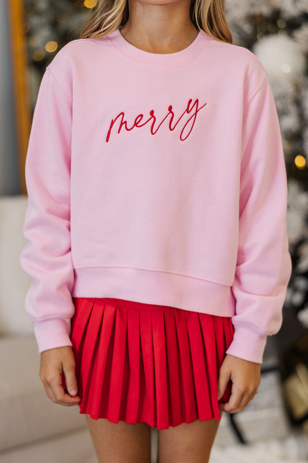 Girls: So Merry Pink Embroidered Sweatshirt