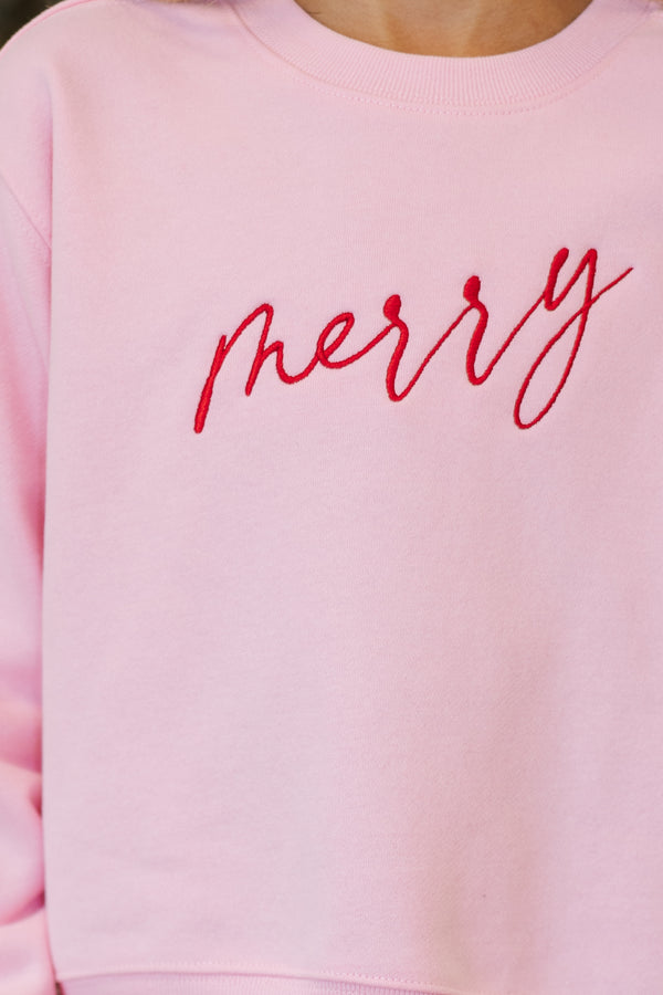 Girls: So Merry Pink Embroidered Sweatshirt