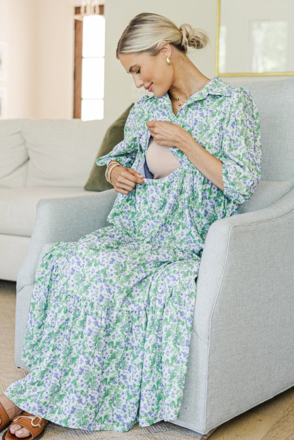 NURSING COLLECTION: Love Found Lavender Ditsy Floral Tiered Midi Dress