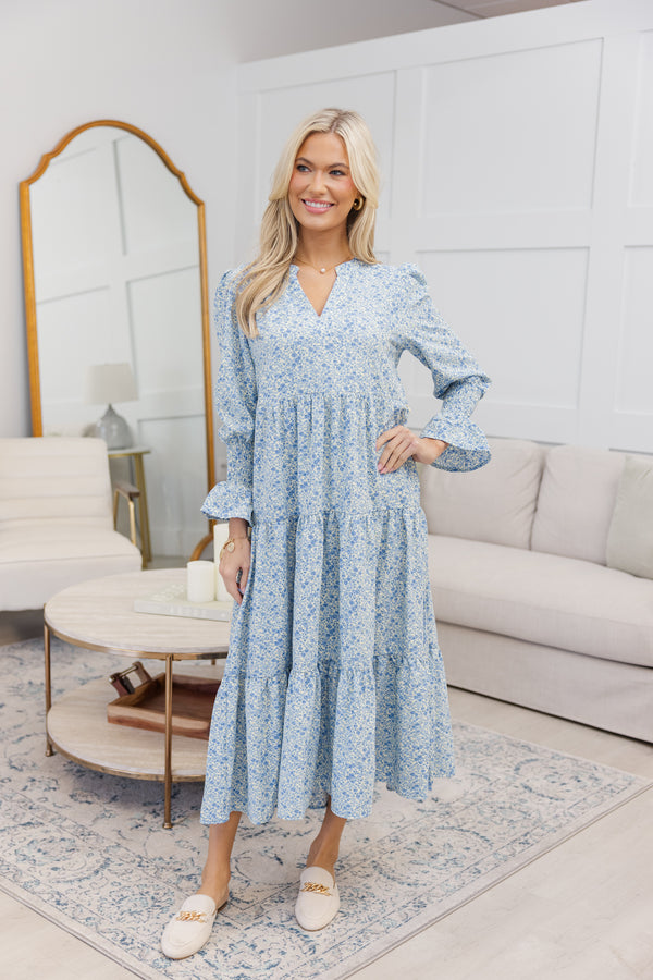 NURSING COLLECTION: What A Surprise Blue Ditsy Floral Tiered Midi Dress