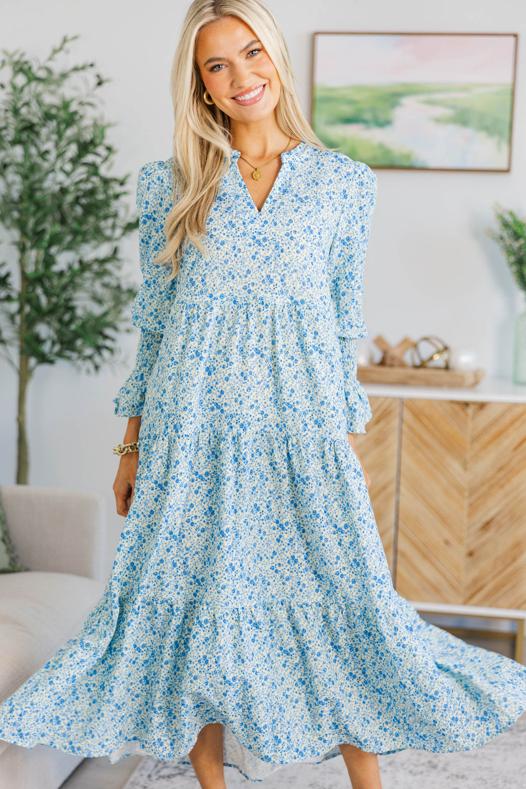 blue floral long sleeve midi dress Bluebelle Lace Long Sleeve Dress – Monique Lhuillier main image 1