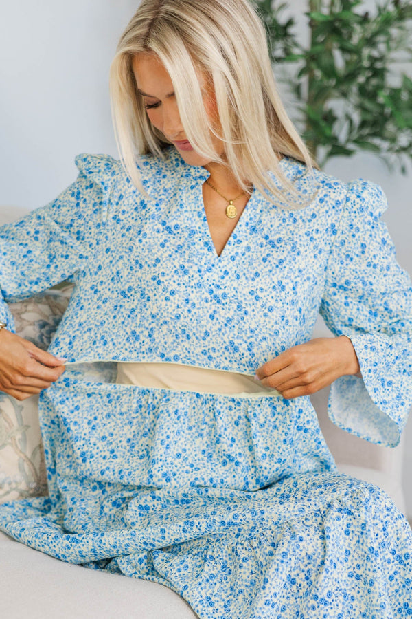 NURSING COLLECTION: What A Surprise Blue Ditsy Floral Tiered Midi Dress, Large - The Mint Julep Boutique