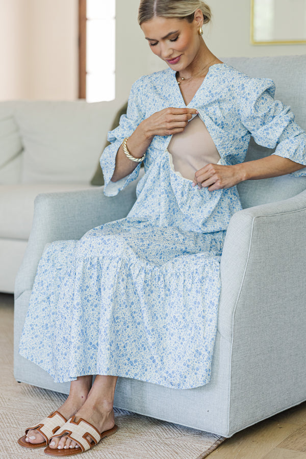 NURSING COLLECTION: What A Surprise Blue Ditsy Floral Tiered Midi Dres Shop the Mint NURSING COLLECTION: What A Surprise Blue Ditsy Floral Tiered Midi Dres Shop the Mint