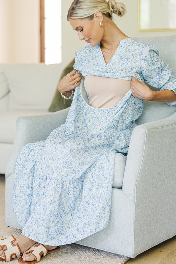 NURSING COLLECTION: What A Surprise Blue Ditsy Floral Tiered Midi Dres Shop the Mint NURSING COLLECTION: What A Surprise Blue Ditsy Floral Tiered Midi Dres Shop the Mint