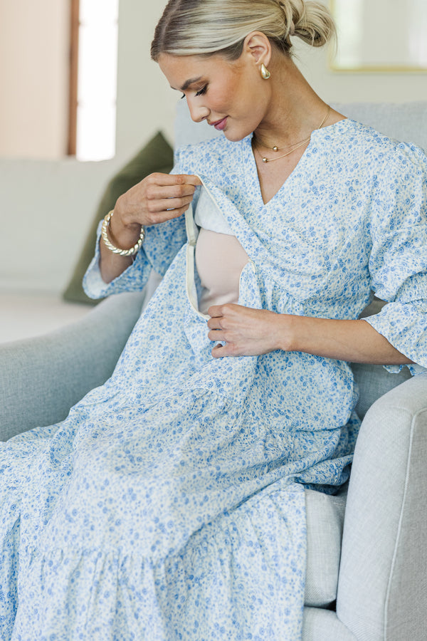 NURSING COLLECTION: What A Surprise Blue Ditsy Floral Tiered Midi Dress